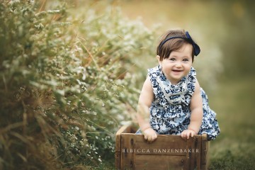 Willowsford baby photography of girl inside a wooden box in flower field